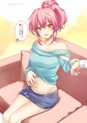 Rule 34 | 1girl, :d, absurdres, alpha (yukai na nakamatachi), aqua shirt, bare shoulders, blush, bow, clothes lift, commentary request, couch, hair bow, holding hands, hand on own stomach, highres, idolmaster, idolmaster cinderella girls, jougasaki mika, jpeg artifacts, midriff, navel, off shoulder, open mouth, orange eyes, pink hair, ponytail, pov, pregnant, shirt, shirt lift, signature, sitting, skirt, smile, solo focus, translated, twitter username