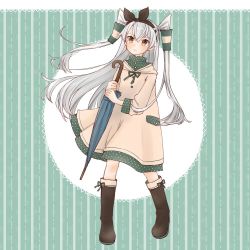 Rule 34 | 1girl, alternate costume, amatsukaze (kancolle), black footwear, blush, boots, buttons, cocoperino, dress, full body, green background, hair tubes, hairband, holding, holding umbrella, kantai collection, long hair, long sleeves, polka dot, raincoat, ribbon, silver hair, smile, solo, standing, two side up, umbrella, yellow eyes