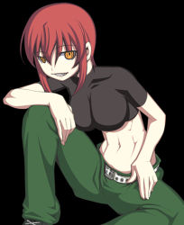 Rule 34 | 00s, abs, babydoll t-shirt, black background, caryo, crop top, grin, kaibutsu oujo, lowres, midriff, nanashino, navel, red hair, riza wildman, short hair, simple background, smile, solo, yellow eyes