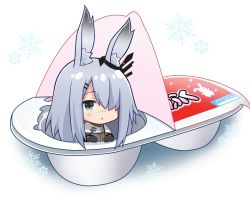 Rule 34 | 1girl, animal ear fluff, animal ears, arknights, black gloves, rabbit ears, capelet, chibi, commentary request, frostnova (arknights), gloves, grey eyes, grey hair, grey jacket, hair ornament, hair over one eye, hands up, in container, jacket, kitara koichi, long hair, long sleeves, looking at viewer, parted lips, shadow, snowflakes, solo, white background, white capelet