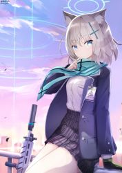 Rule 34 | 1girl, animal ear fluff, animal ears, assault rifle, black gloves, black skirt, blazer, blue archive, blue eyes, blue jacket, blue scarf, breasts, cat ears, cloud, commentary request, gloves, grey hair, gun, hair ornament, halo, hand up, highres, jacket, long sleeves, looking at viewer, nekoya (liu), open clothes, open jacket, outdoors, pleated skirt, rifle, scarf, school uniform, shiroko (blue archive), shirt, sig sauer 556, signature, single glove, skirt, sky, small breasts, solo, sunset, twitter username, weapon, white shirt