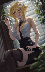 Rule 34 | 1girl, :d, absurdres, armpit crease, bare arms, bare shoulders, between breasts, black necktie, black skirt, black thighhighs, window blinds, blonde hair, breasts, buttons, cleavage, collared shirt, commentary, cozyu, dutch angle, flower, genshin impact, hair flower, hair ornament, hand up, high-waist skirt, highres, holding, holding pen, indoors, large breasts, leaf, lily (flower), lumine (genshin impact), necktie, necktie between breasts, no bra, office lady, open clothes, open mouth, open shirt, pen, plant, shirt, side slit, sitting, skirt, sleeveless, sleeveless shirt, smile, solo, thighhighs, thighs, white flower, white shirt, yellow eyes