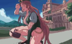 Rule 34 | 1girl, 3735geriragouki, arm up, bare legs, beret, blue eyes, blurry, blurry background, breasts, cleavage, commentary request, day, foot out of frame, hat, hat ornament, highres, holding, holding watering can, hong meiling, large breasts, long hair, no socks, on one knee, outdoors, puffy short sleeves, puffy sleeves, red hair, scarlet devil mansion, short sleeves, solo, star (symbol), star hat ornament, sweat, touhou, very long hair, watering can