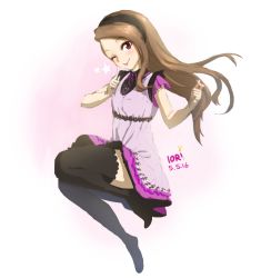 Rule 34 | 1girl, ;), athenawyrm, black hairband, black thighhighs, brown hair, character name, dated, dress, floating hair, full body, grey dress, hairband, idolmaster, idolmaster (classic), legs up, long hair, looking at viewer, minase iori, one eye closed, pinafore dress, print dress, red eyes, short dress, simple background, sleeveless, sleeveless dress, smile, solo, thighhighs, tongue, tongue out, very long hair, white background, zettai ryouiki