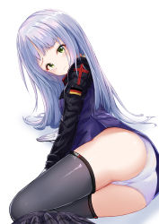 Rule 34 | 1girl, arm support, ass, black sleeves, blue hair, blue jacket, blush, clothes pull, commentary, embarrassed, flag print, frown, german flag, girls&#039; frontline, green eyes, grey skirt, grey thighhighs, highres, hk416 (girls&#039; frontline), jacket, long hair, long sleeves, looking at viewer, lying, military jacket, on side, panties, plaid, plaid skirt, pleated skirt, shailiar, simple background, skirt, skirt pull, solo, thighhighs, trefoil, underwear, white background, white panties