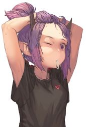 Rule 34 | 1girl, absurdres, arknights, arms up, black shirt, commentary, forehead, hair tie in mouth, highres, horns, huge filesize, innochan, lava (arknights), looking at viewer, mouth hold, one eye closed, purple eyes, purple hair, shirt, short hair, short sleeves, simple background, solo, upper body, white background