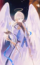 Rule 34 | 1boy, angel, angel wings, black gloves, black shirt, blonde hair, blue vest, blurry, blurry background, brooch, closed mouth, coat, constellation, d-aprken, feet out of frame, gloves, green eyes, hair between eyes, halo, hand up, highres, holding, holding star, holding sword, holding weapon, honkai: star rail, honkai (series), jewelry, light particles, long hair, long sleeves, looking at viewer, luocha (honkai: star rail), male focus, pants, shirt, smile, solo, standing, star (symbol), sword, vest, weapon, white coat, white pants, white wings, wings