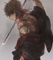 Rule 34 | 10s, 1boy, aiming, arm up, back tattoo, bare shoulders, brown hair, dark-skinned male, dark skin, dolldagga, dragon, dragon print, dragon tattoo, from side, grey background, holding, holding sword, holding weapon, japanese clothes, jewelry, kimono, male focus, necklace, off shoulder, ookurikara, parted lips, profile, red hair, shaded face, solo, sword, tattoo, touken ranbu, upper body, weapon