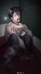 Rule 34 | 1boy, absurdres, animal collar, animal ears, bandaged arm, bandages, bathtub, black hair, black pants, blood, blood on face, blood on hands, blue eyes, collar, earrings, facial hair, feijio yizhi, fingernails, goatee, highres, jewelry, kemonomimi mode, leopard boy, leopard ears, leopard tail, licking lips, long sideburns, looking at viewer, male focus, one piece, pants, sharp fingernails, sideburns, slit pupils, solo, tail, tongue, tongue out, topless male, trafalgar law, weibo logo