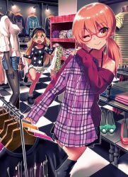 Rule 34 | 10s, 2girls, ;), ankle boots, bad id, bad twitter id, bare back, bespectacled, black legwear, blonde hair, blush, boots, rabbit, checkered floor, clothes hanger, cross, full-face blush, glasses, hat, idolmaster, idolmaster cinderella girls, jougasaki mika, jougasaki rika, low twintails, mannequin, md5 mismatch, multiple girls, one eye closed, pink hair, pleated skirt, red-framed eyewear, running, shoes, shop, shopping, siblings, sisters, skirt, sleeves past wrists, smile, sonsoso, sweatdrop, thigh boots, thighhighs, twintails, two side up, yellow eyes