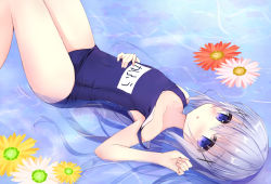 Rule 34 | 1girl, :o, blue eyes, blue hair, blush, collarbone, covered navel, flat chest, flower, from above, gochuumon wa usagi desu ka?, hair ornament, kafuu chino, kouda suzu, long hair, looking at viewer, lying, name tag, on back, one-piece swimsuit, open mouth, partially submerged, school swimsuit, solo, strap slip, swimsuit, water, x hair ornament