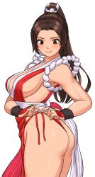 Rule 34 | 1girl, bare shoulders, blush, breasts, brown eyes, brown hair, closed mouth, commentary request, fatal fury, fingernails, from side, highleg, highleg panties, highres, japanese clothes, large breasts, long hair, ninja, no bra, panties, parted bangs, pelvic curtain, ponytail, revealing clothes, rope, shigenobu, shiny skin, shiranui mai, side-tie panties, simple background, sleeveless, smile, solo, the king of fighters, thighs, underwear, white background