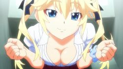 Rule 34 | 10s, 1girl, animated, animated gif, blonde hair, blue eyes, breast press, breasts squeezed together, breasts, cleavage, downblouse, grisaia (series), grisaia no rakuen, large breasts, long hair, matsushima michiru, no bra, solo, twintails