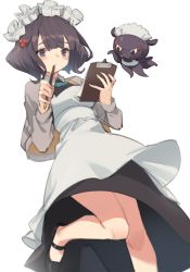 Rule 34 | 1girl, apron, bare legs, black dress, black footwear, blunt bangs, blush, clipboard, commentary request, cropped jacket, dress, fate/grand order, fate (series), floating, flower, from below, grey jacket, hair flower, hair ornament, holding, holding pen, jacket, katsushika hokusai (fate), kildir, long sleeves, maid headdress, no socks, octopus, official alternate costume, open clothes, open jacket, pen, shoes, simple background, standing, standing on one leg, tokitarou (fate), waitress, white apron, white background, white flower