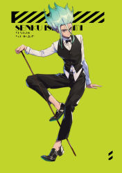 Rule 34 | 1boy, aqua hair, belt, black bow, black footwear, black pants, black vest, bow, bowtie, character name, copyright name, cracked skin, doran (doran7280), dr. stone, formal, full body, gradient hair, highres, invisible chair, ishigami senkuu, long hair, looking at viewer, male focus, multicolored hair, pants, red eyes, shirt, sitting, smile, spiked hair, suit, vest, white hair, white shirt, yellow background