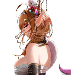 Rule 34 | 1girl, absurdres, ahoge, blunt bangs, braid, braided ponytail, breasts, commentary request, detached collar, detached sleeves, from side, hair ornament, hairband, highres, hololive, horns, kiryu coco, kiryu coco (new year), large breasts, looking at viewer, looking back, official alternate costume, pointy ears, sarashi, skindentation, solo, tail, virtual youtuber, wanne, white background