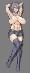 Rule 34 | 10s, 1girl, :d, abs, armpits, arms behind head, bad id, bad pixiv id, bare shoulders, bike shorts, black gloves, black shorts, black thighhighs, breasts, brown eyes, clothes lift, collarbone, eyepatch, fingerless gloves, full body, gloves, grey background, hair over one eye, highres, huge breasts, inverted nipples, kantai collection, leg up, looking at viewer, mikoyan, muscular, muscular female, navel, nipples, one eye covered, open mouth, purple hair, shirt lift, short hair, shorts, simple background, sketch, sleeveless, smile, solo, standing, standing on one leg, stomach, tank top, teeth, tenryuu (kancolle), thighhighs, tsurime