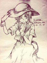 Rule 34 | 1girl, artist name, character name, dress, hat, louise (touhou), monochrome, neckerchief, one eye closed, short hair, sketch, smile, solo, touhou, traditional media, wadante