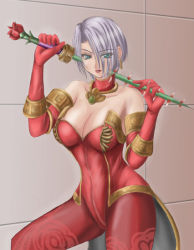 Rule 34 | 1041 (toshikazu), 1girl, alternate costume, bare shoulders, breasts, choker, cleavage, elbow gloves, gloves, isabella valentine, looking at viewer, pantyhose, red gloves, solo, soul calibur, soulcalibur, soulcalibur ii, sword, weapon