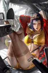 Rule 34 | 1girl, arm behind head, arm up, boots, breasts, brown thighhighs, cleavage, commentary, cowboy bebop, crop top, crossed legs, english commentary, faye valentine, green eyes, hairband, hand in own hair, high collar, high heel boots, high heels, large breasts, looking to the side, lying, navel, on back, parted lips, purple hair, red shirt, shirt, short hair, shorts, silver footwear, spacecraft, spacecraft interior, stomach, thighhighs, thighs, yellow hairband, yellow shirt, yellow shorts, zumi (zumidraws)