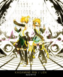 Rule 34 | 1boy, 1girl, aqua eyes, arm warmers, blonde hair, brother and sister, detached sleeves, guitar, hair ornament, hair ribbon, hairclip, headphones, instrument, kagamine len, kagamine len (append), kagamine rin, kagamine rin (append), leg warmers, ribbon, short hair, shorts, siblings, tomsan, twins, vocaloid, vocaloid append