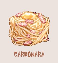 Rule 34 | bacon, carbonara (food), cube, egg yolk, english text, food, food focus, grey background, no humans, original, pasta, pork, saino misaki, simple background, spaghetti