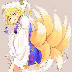 Rule 34 | 1girl, animal ears, animal hat, blonde hair, blush, breasts, dress, feet out of frame, fox ears, fox tail, from behind, grey background, hat, looking at viewer, looking back, medium breasts, mob cap, multiple tails, musical note, nama shirasu, mob cap, short hair, simple background, smile, solo, tabard, tail, touhou, white dress, yakumo ran, yellow eyes