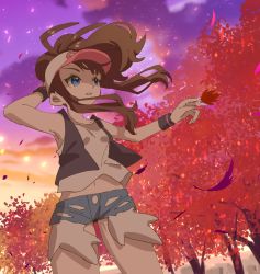 Rule 34 | 1girl, ankea (a-ramo-do), arm behind head, arm up, armpits, bare shoulders, baseball cap, black vest, blue eyes, blue shorts, breasts, brown hair, cherry blossoms, cloud, collarbone, creatures (company), denim, denim shorts, female focus, game freak, hand up, hat, hilda (pokemon), midriff, navel, nintendo, outdoors, parted lips, petals, pink hat, poke ball theme, pokemon, pokemon bw, ponytail, shirt, short shorts, shorts, sky, sleeveless, sleeveless shirt, small breasts, solo, sunset, tree, vest, white shirt, wind, wristband