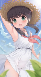 Rule 34 | 1girl, armpits, bare arms, bare shoulders, black hair, blue sailor collar, blue sky, blush, brown hat, cloud, commentary request, day, dress, green eyes, groin outline, hair over shoulder, hat, highres, long hair, low twintails, mimikaki (men bow), neckerchief, original, outdoors, pink neckerchief, sailor collar, sailor dress, sky, sleeveless, sleeveless dress, solo, straw hat, twintails, white dress