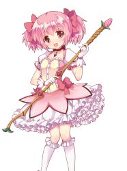 Rule 34 | 1girl, :d, artist request, blush, bow, bubble skirt, gloves, hair bow, highres, kaname madoka, kneehighs, looking at viewer, magical girl, mahou shoujo madoka magica, mahou shoujo madoka magica (anime), open mouth, pink eyes, pink hair, short twintails, skirt, smile, socks, solo, staff, transparent background, twintails, uchi no hime-sama ga ichiban kawaii, white gloves, white socks
