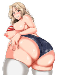 Rule 34 | 10s, 1girl, ass, bikini, blonde hair, blue shorts, blush, breasts, breasts out, curvy, denim, denim shorts, from behind, girls und panzer, green eyes, grin, huge ass, huge breasts, kay (girls und panzer), long hair, looking at viewer, looking back, nipples, ozyasadayo, plump, puffy sleeves, short shorts, shorts, smile, solo, striped bikini, striped clothes, swimsuit, thick thighs, thighhighs, thighs, white thighhighs