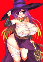 Rule 34 | 1girl, :d, amii, bandages, bare shoulders, blonde hair, blush, breasts, cosplay, curvy, detached sleeves, dragon&#039;s crown, dress, eyebrows, gradient hair, hat, hijiri byakuren, huge breasts, jewelry, long hair, looking at viewer, multicolored hair, necklace, open mouth, plump, purple eyes, purple hair, side slit, smile, solo, sorceress (dragon&#039;s crown), sorceress (dragon&#039;s crown) (cosplay), staff, standing, strapless, strapless dress, teeth, thick eyebrows, thick thighs, thighs, touhou, wide hips, witch hat