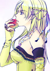 Rule 34 | 1990s (style), 1girl, apple, blonde hair, blue eyes, breasts, celes chere, detached sleeves, female focus, final fantasy, final fantasy vi, food, fruit, gradient background, jewelry, long hair, lxc, nail polish, necklace, retro artstyle, solo, tiara, white background