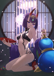 Rule 34 | 1girl, ankle ribbon, ao tsukushi, bare shoulders, bob cut, breasts, collarbone, cup, eyeliner, fate/grand order, fate (series), gourd, headpiece, highres, horns, japanese clothes, kimono, kneeling, leg ribbon, long sleeves, looking at viewer, makeup, navel, off shoulder, oni, purple eyes, purple hair, purple kimono, red ribbon, revealing clothes, ribbon, sakazuki, short hair, shuten douji (fate), skin-covered horns, small breasts, smile, solo, thighs, tongue, tongue out, wide sleeves