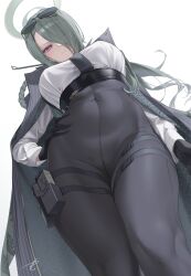 Rule 34 | 1girl, absurdres, black gloves, black necktie, black pants, blue archive, breasts, closed mouth, coat, covered navel, eyewear on head, from below, gloves, green hair, hair over one eye, halo, hand on own hip, high-waist pants, highres, holster, long hair, looking at viewer, looking down, magazine (weapon), medium breasts, mina (blue archive), necktie, pants, red eyes, shirt, solo, sunglasses, thigh holster, trench coat, v-shaped eyebrows, white shirt, yabacha