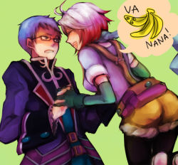 Rule 34 | 1boy, 1girl, 9wa, bad id, bad pixiv id, banana, blue hair, blue shirt, english text, engrish text, food, fruit, glasses, gradient hair, green background, hubert ozwell, multicolored hair, pascal (tales), ranguage, red hair, shirt, spoken food, tales of (series), tales of graces, two-tone hair, white hair