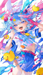 Rule 34 | 1girl, aano (10bit), absurdres, angel wings, belt, blue bow, blue bowtie, blue eyes, blue hair, blue skirt, blue wings, bow, bowtie, bracelet, bright pupils, buckle, candy, carrot pin, chain, choker, commentary request, cowboy shot, crime prevention buzzer, detached wings, duck hair ornament, ear piercing, earrings, emoji, fangs, food, food-themed hair ornament, glint, gloves, hair bobbles, hair ornament, hair ribbon, hand in own hair, hands up, heart, heart-shaped buckle, heart pin, highres, holding, holding candy, holding food, holding lollipop, jewelry, lollipop, looking at viewer, midriff, miniskirt, open mouth, original, paint splatter, parted bangs, piercing, pink belt, pink choker, pink gloves, pink ribbon, pleated skirt, ribbon, rubber duck, school uniform, serafuku, shirt, short sleeves, single glove, skirt, solo, standing, star (symbol), star hair ornament, stomach, strawberry hair ornament, tongue, two side up, white background, white bow, white pupils, white shirt, wings