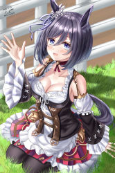 Rule 34 | 1girl, animal ears, black hair, blue eyes, breasts, cleavage, collarbone, commentary request, detached sleeves, eishin flash (umamusume), erin (sherryseraph), fence, grass, hair between eyes, hair ornament, highres, horse ears, horse girl, horse tail, looking at viewer, medium breasts, open mouth, tail, thighhighs, umamusume