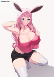 Rule 34 | 1girl, animal ears, aqua eyes, areola slip, arm up, armpits, artist name, black shorts, breasts, cleavage, collarbone, commentary, covered erect nipples, creatures (company), english commentary, full body, game freak, gen 1 pokemon, halter shirt, halterneck, highres, huge breasts, light blush, long hair, looking at viewer, midriff, nessu (nnn07897), nintendo, no bra, no shoes, parted lips, personification, pink hair, pink shirt, pokemon, shirt, short shorts, shorts, simple background, smile, squatting, thick eyebrows, thighhighs, twitter username, very long hair, white background, white thighhighs, wigglytuff