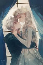 Rule 34 | 10s, 1boy, 1girl, 2014, bad id, bad twitter id, blue dress, braid, couple, crossover, curtains, dated, dress, elsa (frozen), from side, frozen (disney), half-closed eyes, hetero, highres, hiphip hurray, hug, jack frost (rise of the guardians), long hair, panbukin, platinum blonde hair, rise of the guardians, sepia, short hair, side braid, silver hair, single braid, smile, window