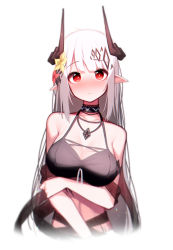Rule 34 | 1girl, absurdres, arknights, arm under breasts, bare shoulders, beudelb, bikini, black bikini, blush, breasts, cleavage, demon horns, flower, hair flower, hair ornament, highres, horns, infection monitor (arknights), jewelry, korean commentary, large breasts, long hair, mudrock (arknights), mudrock (silent night) (arknights), necklace, official alternate costume, pointy ears, red eyes, red flower, silver hair, solo, swimsuit, upper body, white background, yellow flower