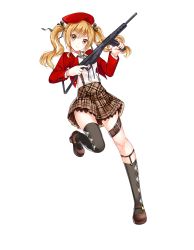 Rule 34 | 1girl, beret, blonde hair, brown footwear, collared shirt, full body, girls&#039; frontline, hair between eyes, hat, highres, looking at viewer, mary janes, official art, red hat, shirt, shoes, skirt, socks, solo, standing, standing on one leg, sten (weapon), sten mkii (girls&#039; frontline), suspender skirt, suspenders, transparent background, twintails, yellow eyes