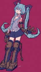 Rule 34 | 1girl, 3774., bare shoulders, blue eyes, blue hair, blue necktie, blue skirt, collarbone, electric plug, gloves, hair between eyes, hatsune miku, highres, light blue eyes, light blue hair, long hair, looking at viewer, mechanical arms, mechanical legs, necktie, open mouth, purple background, simple background, single glove, single mechanical arm, sketch, skirt, solo, teeth, tongue, twintails, upper teeth only, very long hair, vocaloid