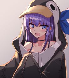Rule 34 | 1girl, :d, animal costume, black jacket, blue eyes, choker, collarbone, commentary request, fate/grand order, fate (series), grey background, happy, highres, hood, hood up, jacket, kihou no gotoku dmc, long hair, looking at viewer, meltryllis, meltryllis (fate), meltryllis (swimsuit lancer) (fate), meltryllis (swimsuit lancer) (first ascension) (fate), multicolored clothes, multicolored jacket, open mouth, penguin costume, purple choker, purple hair, ribbon, simple background, sleeves past wrists, smile, solo, two-tone jacket, white jacket