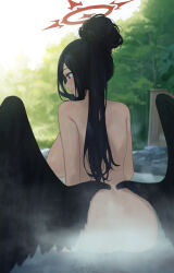 Rule 34 | 1girl, ass, bare arms, bare shoulders, black hair, black wings, blue archive, breasts, commentary request, completely nude, feathered wings, from behind, hair bun, halo, hasumi (blue archive), highres, huge breasts, low wings, mole, mole under eye, nhaliz, nude, onsen, outdoors, ponytail, red eyes, red halo, sideways mouth, single hair bun, smile, solo, tree, wings