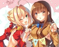 Rule 34 | 10s, 2girls, :o, ;d, ahoge, announcement celebration, artist name, back, bare back, blonde hair, blue bow, blue bowtie, blush, bow, bowtie, brown eyes, brown hair, bunting, epaulettes, fate/extra, fate (series), from side, green eyes, hair intakes, jpeg artifacts, juliet sleeves, kishinami hakuno (female), long sleeves, multiple girls, nero claudius (fate), nero claudius (fate) (all), nero claudius (fate/extra), one eye closed, open mouth, pennant, polka dot, polka dot background, puffy sleeves, school uniform, signature, smile, sparkle, string of flags, toosaka asagi