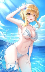 Rule 34 | 1girl, :d, absurdres, arm up, beach, bikini, blonde hair, blue sky, blush, breasts, cloud, contrapposto, day, flower, genshin impact, hair between eyes, hair flower, hair ornament, highres, large breasts, looking at viewer, lumine (genshin impact), navel, ocean, open mouth, outdoors, sicle, sky, smile, solo, splashing, stomach, swimsuit, thigh strap, wading, water, water drop, white bikini, yellow eyes