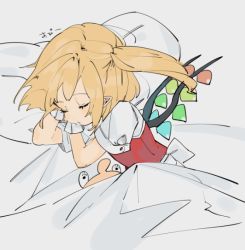Rule 34 | 1girl, back bow, blonde hair, bow, commentary request, crystal, closed eyes, flandre scarlet, gotou (nekocat), hands up, lying, no headwear, no headwear, on side, pillow, red vest, shirt, side ponytail, sleeping, solo, stuffed animal, stuffed toy, touhou, under covers, upper body, vest, white background, white shirt, wings, wrist cuffs