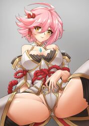 Rule 34 | 1girl, :p, ahoge, artist name, bare shoulders, breasts, cameltoe, chest jewel, cosplay, crotch focus, deekei, exposed shoulder, gradient background, hair ornament, highres, large breasts, looking at viewer, nia (blade) (xenoblade), nia (blade) (xenoblade) (cosplay), nia (xenoblade), original, pink hair, short hair, simple background, solo, thick thighs, thigh focus, thighs, tohno amane (deekei), tongue, tongue out, yellow eyes