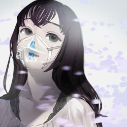 Rule 34 | 1girl, barcode, blood, blood on face, blue blood, collarbone, colored blood, daydremec, eyeshadow, grey eyes, highres, long hair, makeup, mask, mouth mask, nosebleed, original, purple eyeshadow, purple hair, see-through, solo, transparent, upper body